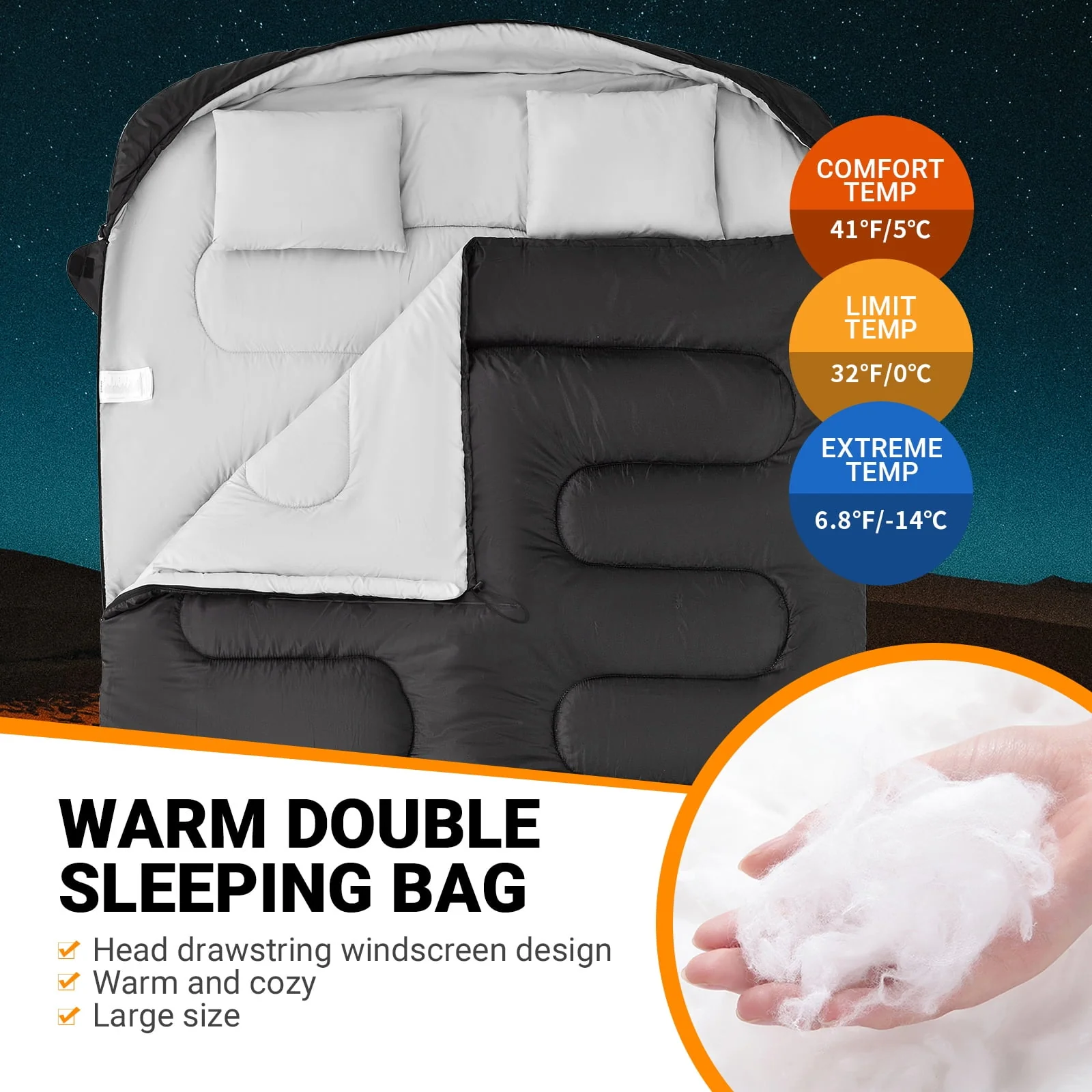 KingCamp Double Sleeping Bag with 2 Pillows for Adult 2 Person 3 Season Camping Sleeping Bag (Blue,6.8℉-41℉)