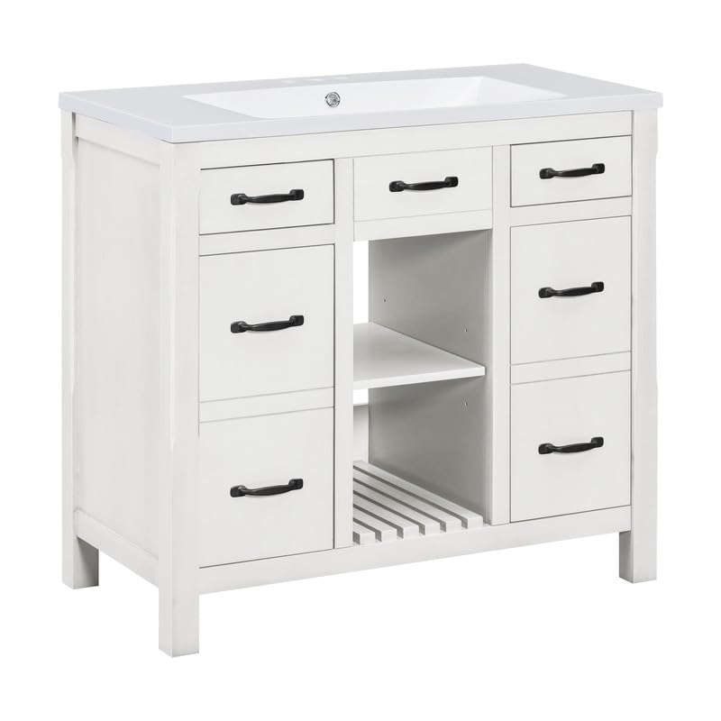 Bathroom Vanity with Sink, 36 inch Bathroom Vanity with Sink, Bathroom Sink Vanity with 3 Drawers and 2 Open Shelf, Built-in Soft Closing Door, Freestanding Bathroom Vanity Cabinet for Bathroom, White