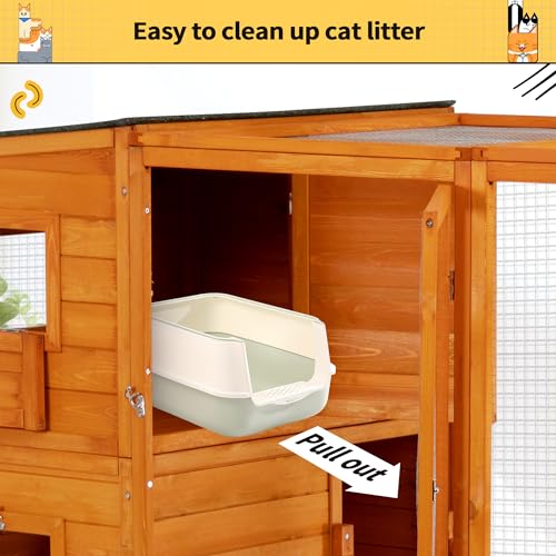COZIWOW Large Wood Cat Catio, Outdoor Enclosure with Weatherproof Roof, 2 Resting Rooms, 2 Platforms, 4-Tier Cat Playpen, Orange