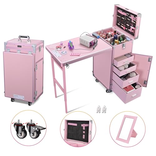 BYOOTIQUE Masslux Foldable Rolling Manicure Table Nail Desk Makeup Train Case with 4 Drawers Mirror & Speaker, Pink