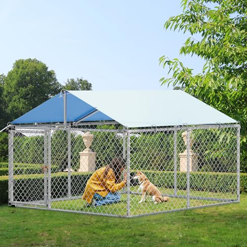 YITAHOME 14.8'x14.8' Large Outdoor Dog Kennel with Metal Dog Gate, Dog Pens Outside with Roof, Dog Fence Outdoor for Yard
