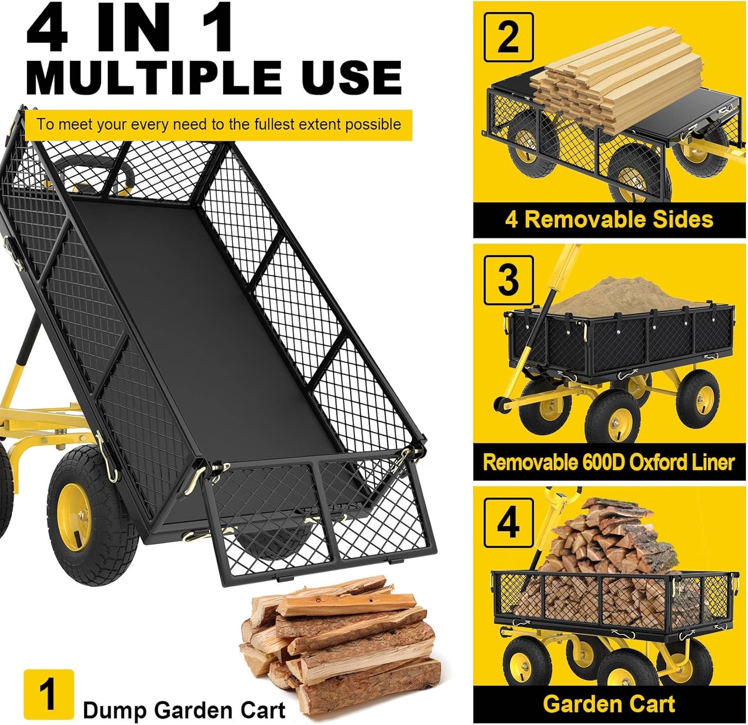 Garden Cart, Heavy Duty 900 Lbs Capacity Mesh Steel Garden Dump Cart, Folding Garden Wagon with Removable Mesh Sides, Utility Metal Wagon with 180° Rotating Handle and 10-inch Wheels
