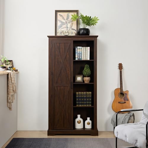 Tall Storage Cabinet Barn Door Storage Country Wood Rustic Farmhouse Pantry Cupboard Sliding Door Kitchen Organizer Furniture Home Drawer Shelves L39.37''*W15.75''*H74.4'' (Espresso)