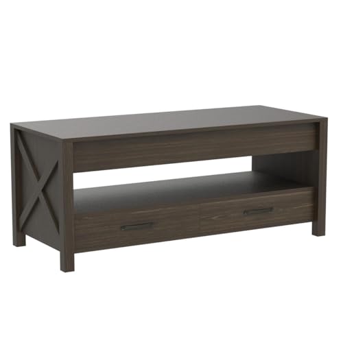 Lift Top Coffee Table for Living Room with Hidden Storage Compartment 2 Lift Tabletops Drawers and Shelf Modern Farmhouse Center Table, 47.2" Wood Rising Coffee Table, 475LBS Max Weight, Black