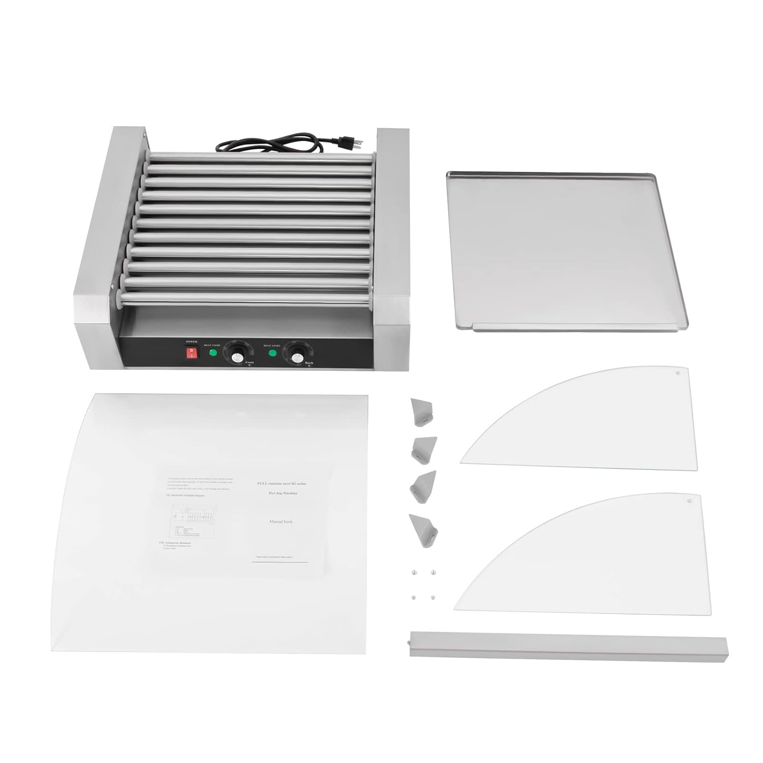 Electric Grill Cooker Machine, 30 Hot Dog 11 Roller with Cover, Commercial Grade, Hot Dog Roller, 1400W Stainless Steel Cook Warmer Machine with Cover & Dual Temp Control, Hot Dog Roller Machine