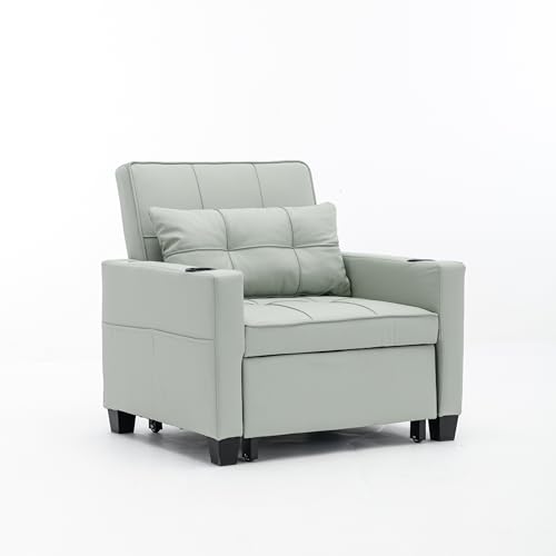 LUMISOL Sleeper Sofa Chair Bed for 2, Convertible Chair 3-in-1 Pullout Sleeper Chair Bed with USB Ports and Cup Hold, Adjustable Sleeper Chair for Living Room, Apartment, Green Tech Cloth