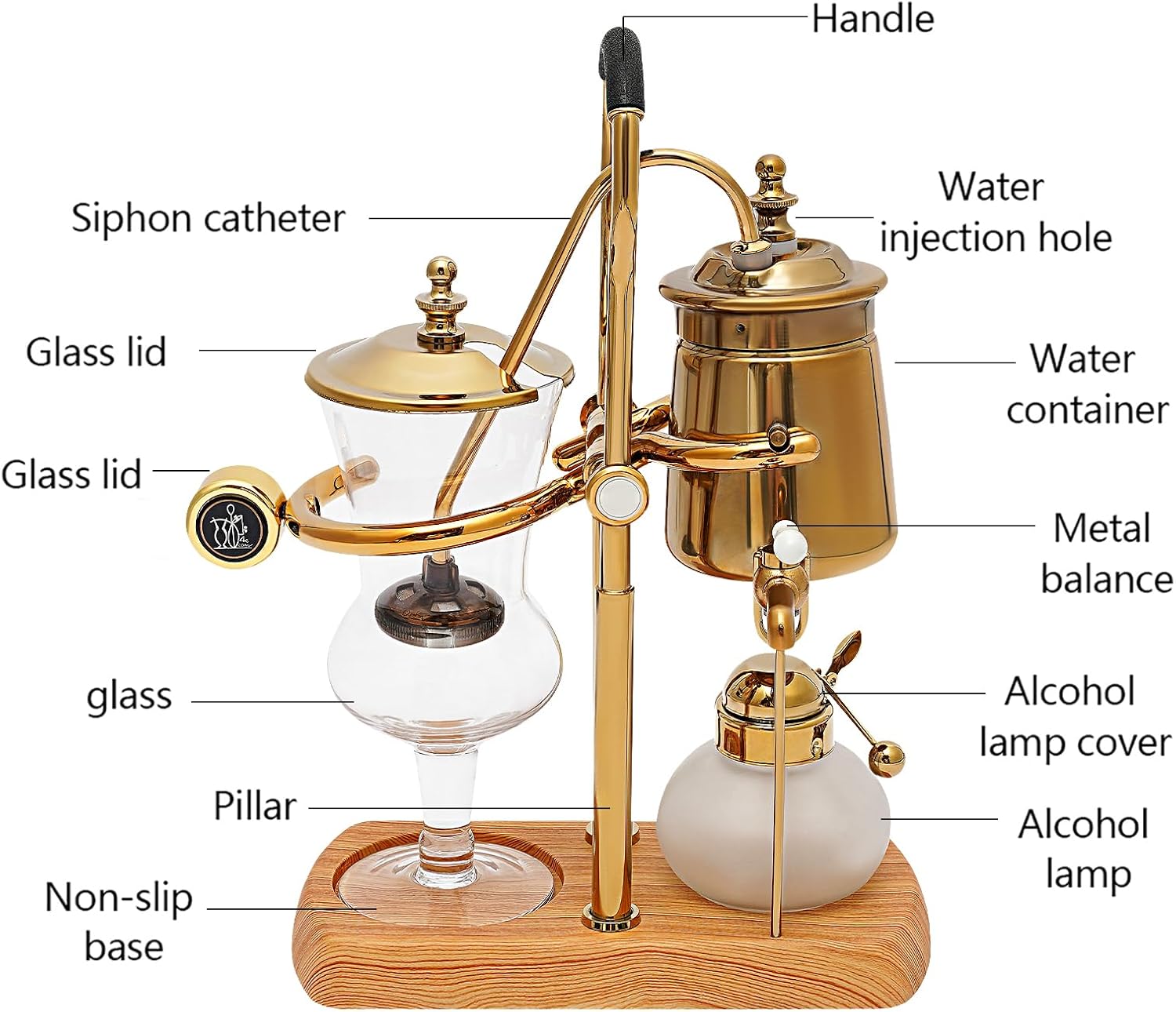 Belgian/Belgium Siphon Coffee Maker, Luxury Royal Family Balance Syphon Coffee Maker Vacuum Brewing System, Double Ridged Fulcrum with Tee Handle, Vintage Classic Retro Luxury Gold