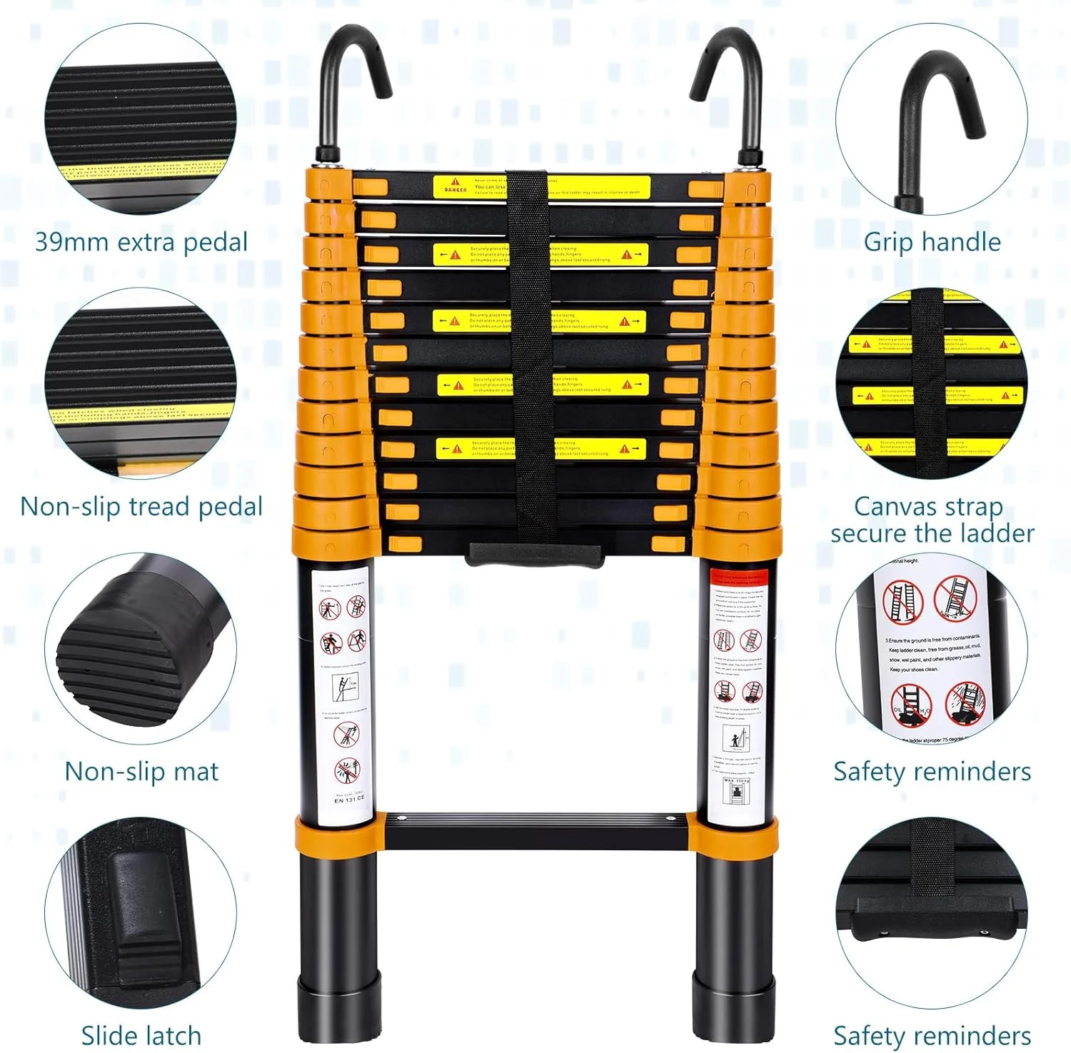 12.5FT Telescoping Ladder Aluminum Lightweight Extension Folding Ladder with Hook Multi-Purpose Collapsible Ladder, 330lbs Load Capacity, for Home, Office, RV, and Outdoor Work (Black)