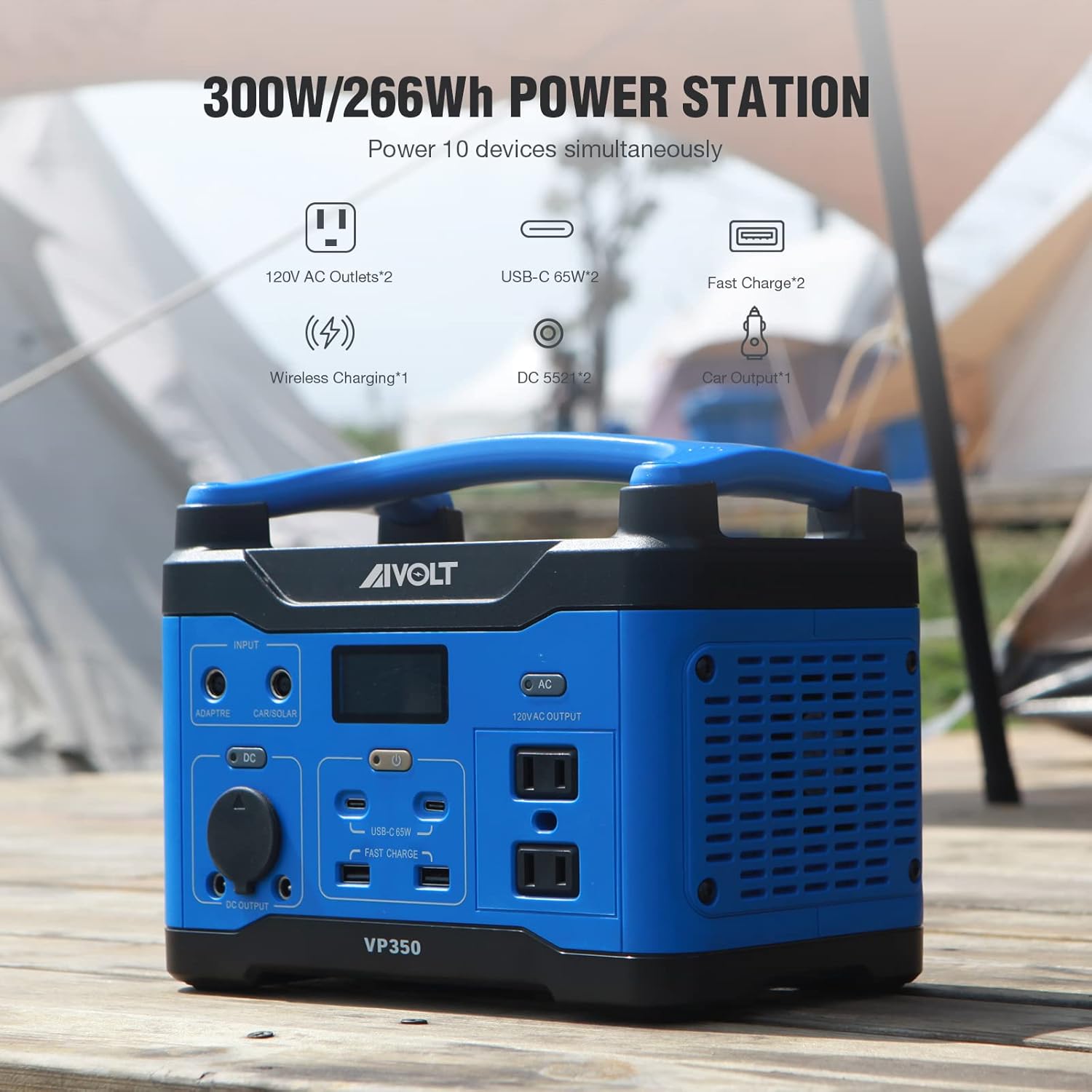 AIVOLT Portable Power Station 300W/266Wh Solar Powered Generator, Backup Lithium Battery with LED Light 120V Pure Sine Wave AC Outlets(Surge 600W), USB-C Ports, for Outdoor Camping Home CPAP Backup