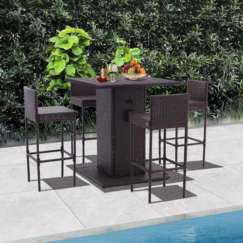 Patio Bar Set 5-Piece Outdoor Wicker Bar Set, Wicker Bar Table with Built-in Bottle Opener, Hidden Storage Shelf and 4 Stools for Outside Backyards Porches Gardens Poolside (Grey)