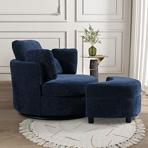 Chair and A Half with Ottoman, 360° Swivel Accent Barrel Chair Modern Comfy Round Reading Sofa Swivel Chairs Circle Lounge Chair for Bedroom Living Room w/4 Pillow Lower Seating Heigh (White, Large)