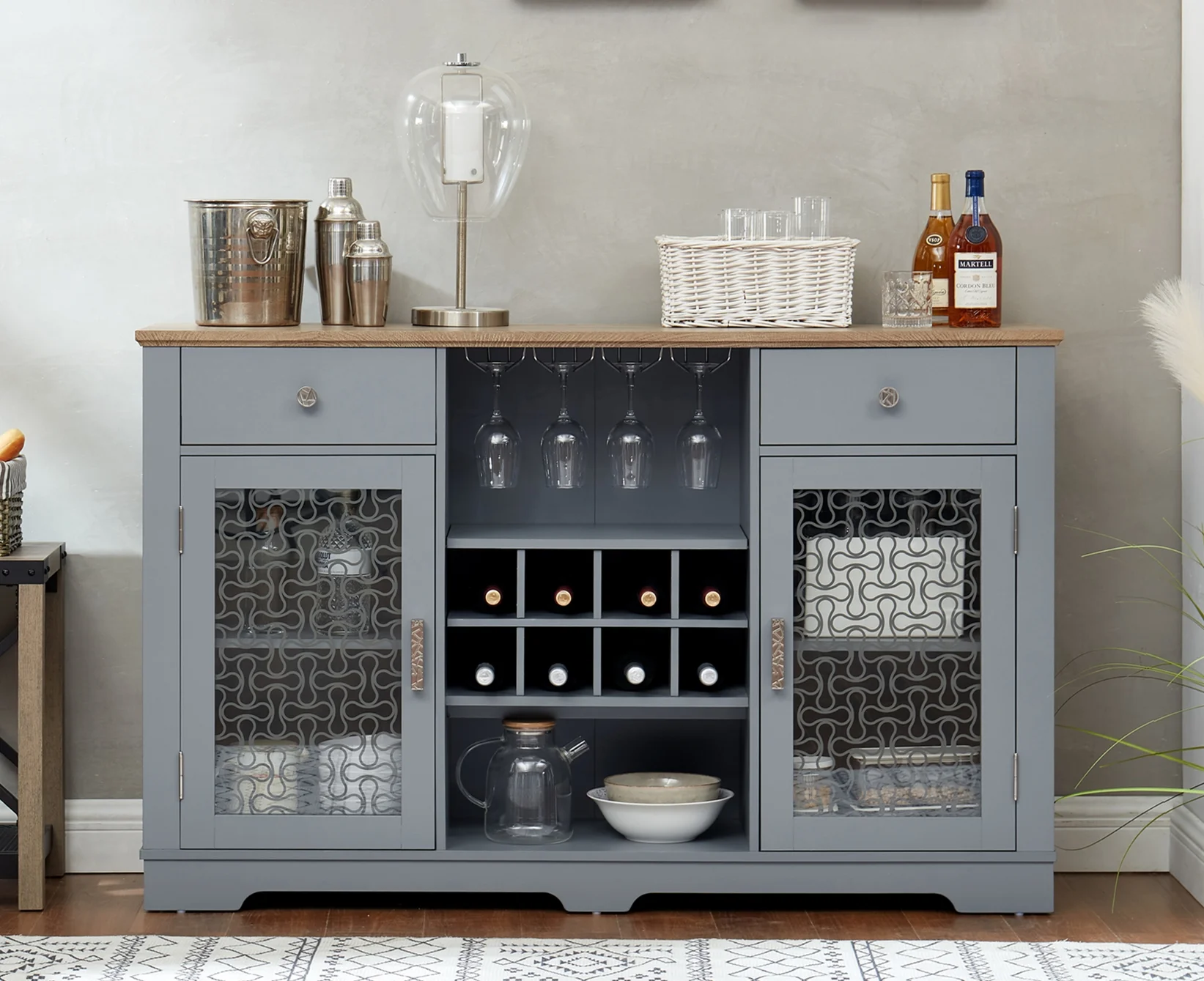 Modern Farmhouse Buffet Cabinet, Sideboard with 2 Drawers and Elegant Glass Door Cabinets, Wine and Glass Rack, Coffee Bar for Kitchen, Dining Room, Light Blue and Light Oak, 56.46"W*15.55"D*35.74"H - Curated Treasures Market