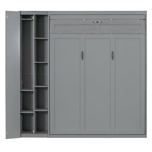 Full Size Murphy Wall Bed With Storage and Bookcase Headboard, Solid Wood Cabinets With Shelves, Drawers and USB Ports, Multi-Function Platform for Home Office, Guest Room - White