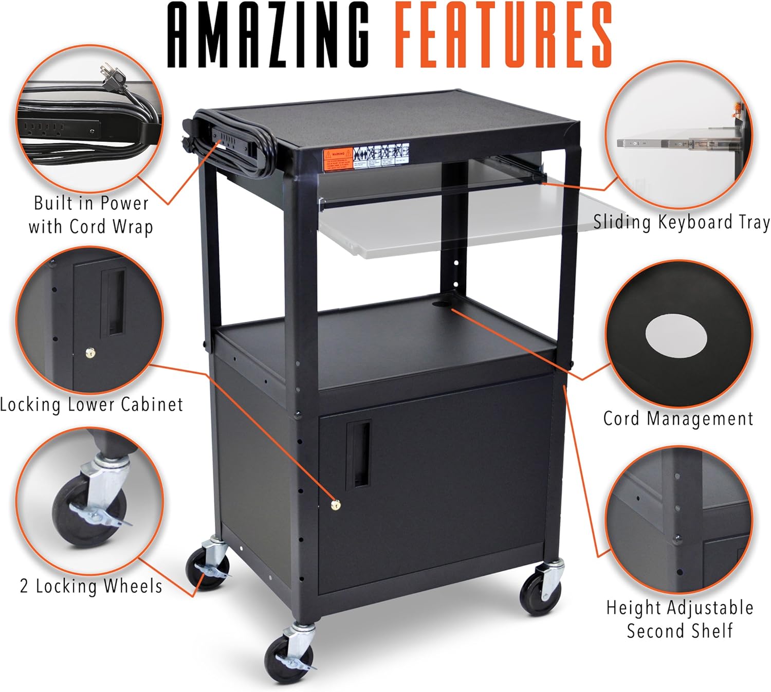 Line Leader Large AV Cart with Locking Cabinet | Height Adjustable Utility Cart | Includes Pullout Keyboard Tray & Cord Management | Easy Assembly (32in x 18in x 42in / Black)