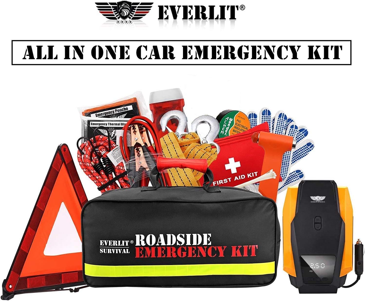 EVERLIT Roadside Assistance Kit, Car Emergency Kit Assistance Car Kit with Digital Air Compressor, 12FT Jumper Cable, Tow Strap, Flashlight, 108 Pieces First Aid Supplies (with Air Compressor)