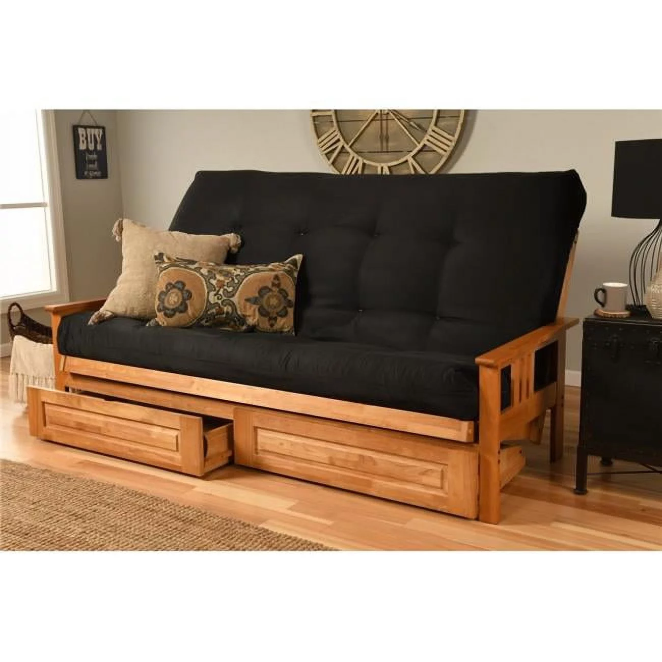 Monterey Butternut Futon Frame with Suede Black Mattress & Storage Drawers - Queen Size