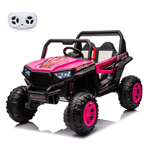 24V Ride on Car Kids Side by Side with Remote Control, 2 Seater 4WD Kids UTV Off-Road Power Wheels,Battery Powered Kids Cars to Drive w/ 4x100W Engine,3 Speeds,Bluetooth,LED Lights (Pink)
