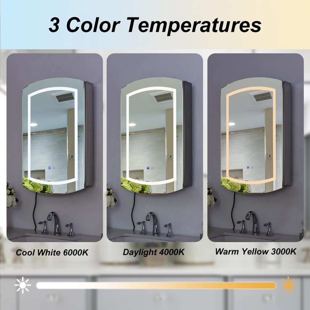 Chende 20" x 31" Bathroom Medicine Cabinet with Mirror, Oval Lighted Medicine Cabinet with Anti fog and 3 Light Settings, Dimmable Stainless Steel Cabinet with Lights for Bathroom