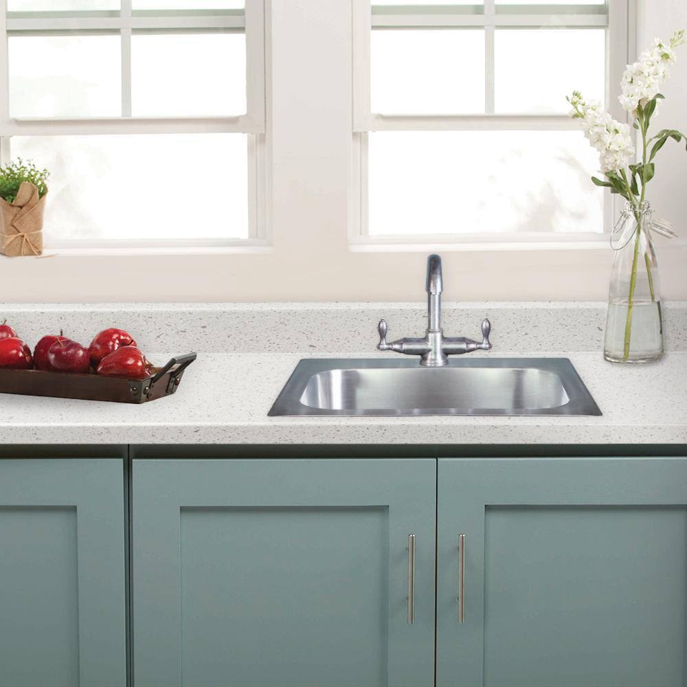 Hampton Bay 8 ft. Gray Laminate Countertop with Waterfall Edge in Sea Salt with Backsplash, Blue