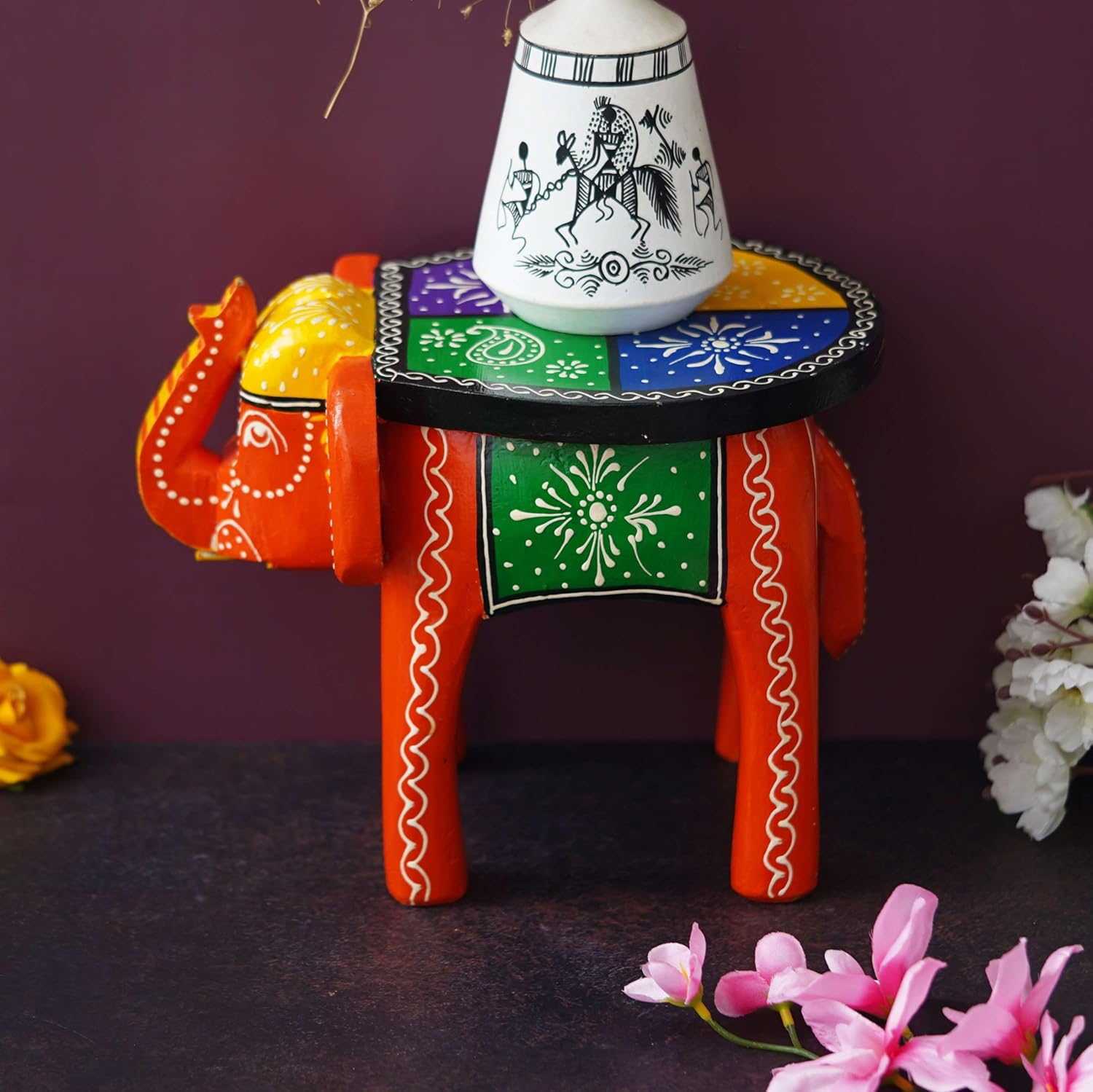 Aashvi Craft Handcrafted and Emboss Painted Colorful Wooden Elephant Shape Stool Table Clourfull -05, Medium