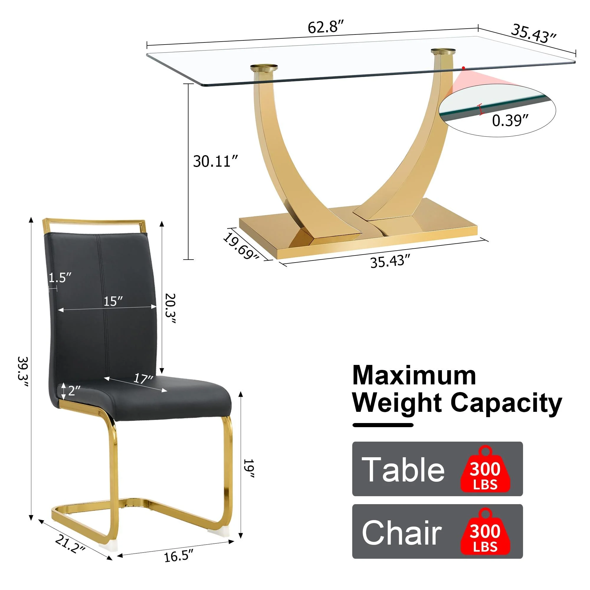 Sumdeal 63" Glass Dining Table Set for 6,Modern Dining Room Table Set for 6, Kitchen Table and PU Leather Chairs Set for 6, Dinner Table with Rectangle Tempered Glass Top and Chrome Golden Base