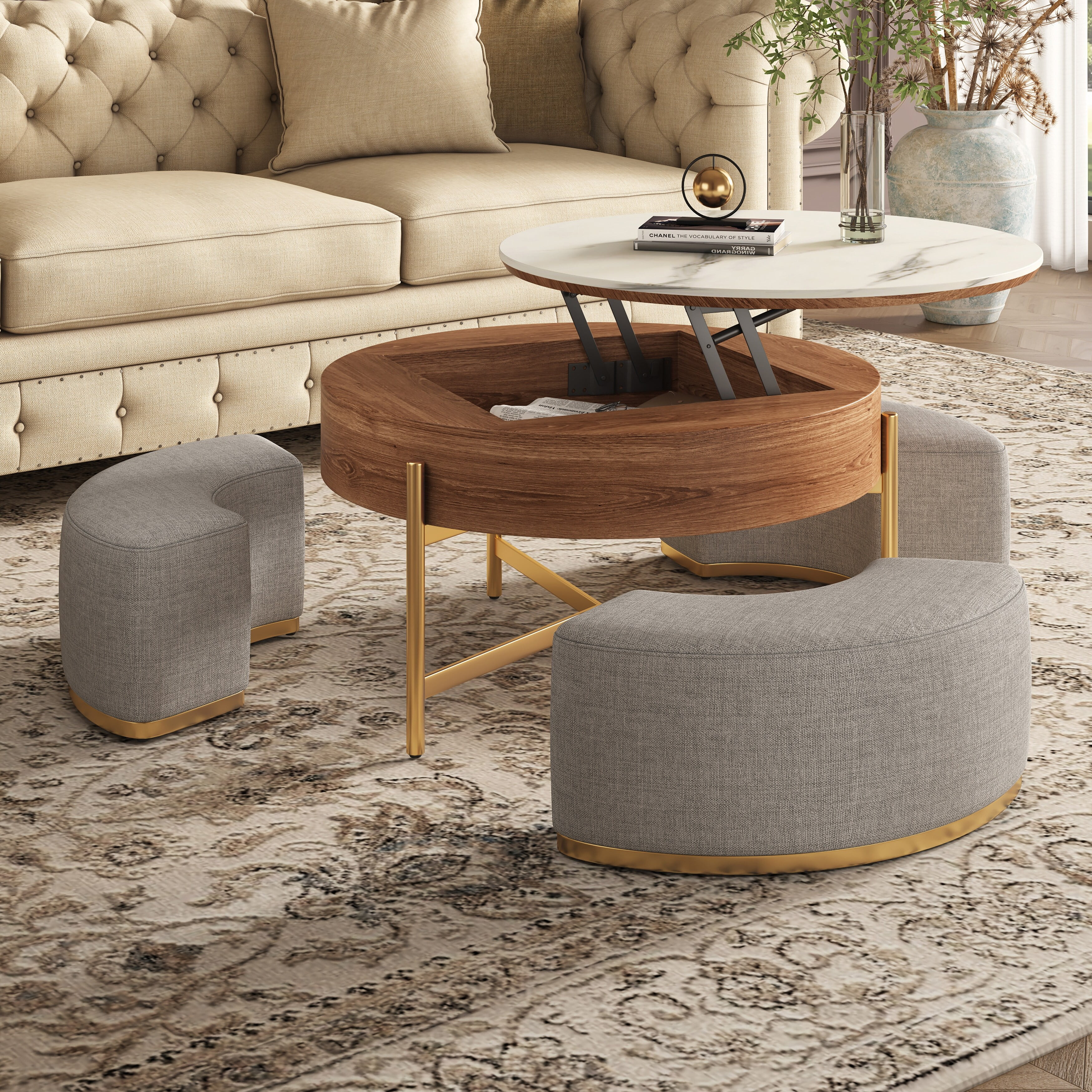 Trade Penny LLC Lift Top 3 Legs Nesting Coffee Table with Storage 3 Stools Included - 31'5" x 31'5"