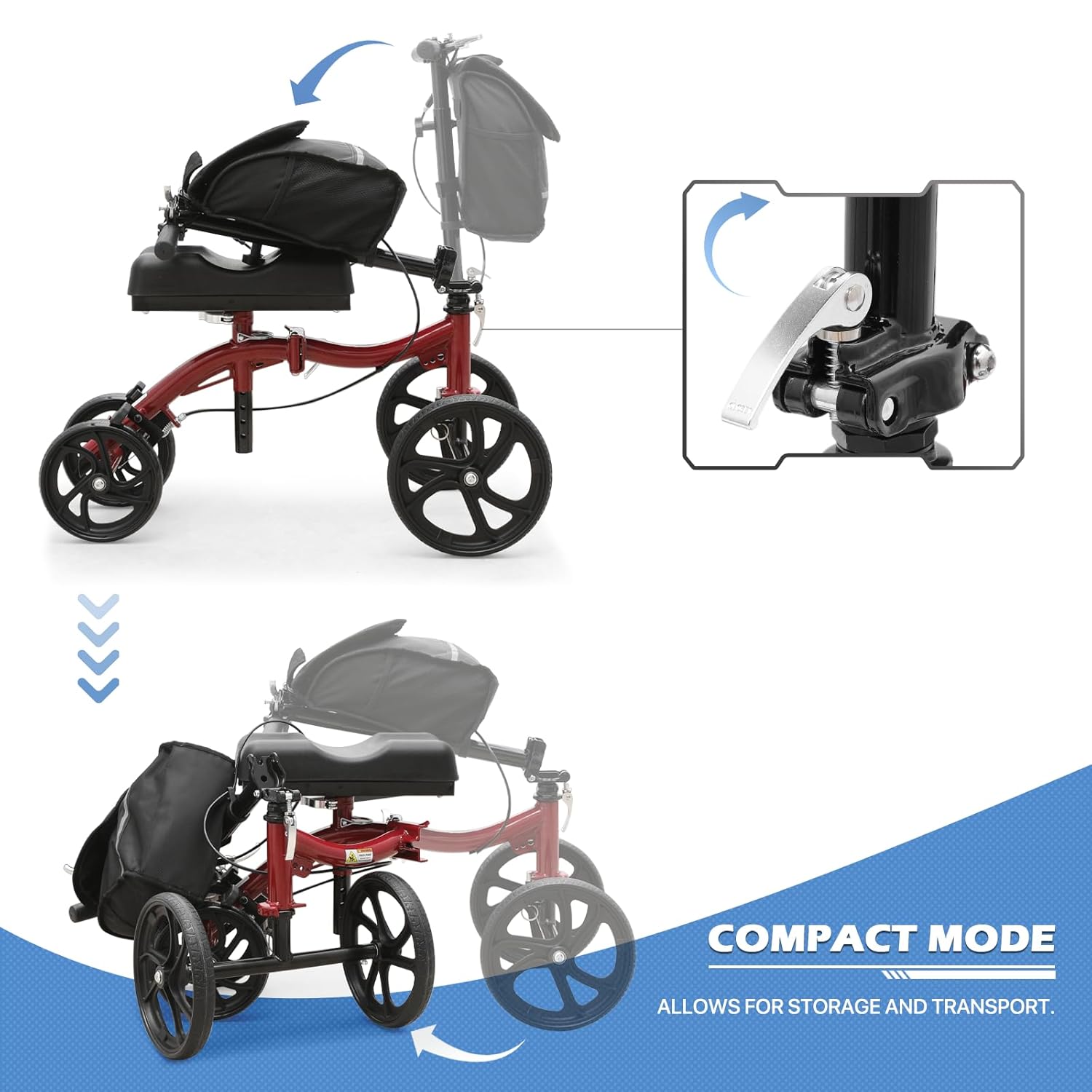 Knee Walker Compact All Terrain 10'' Front Wheels Adjustable Height Knee Scooter with Dual Braking System and Removable Storage for Ankle and Foot Injured, 350lbs Load Capacity, Red