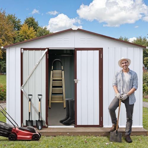 10' x 8' Large Outdoor Storage Shed, Sturdy Metal Building w/Windows & Lockable Doors for Garden, Backyard, Poolside and Lawn, Grey