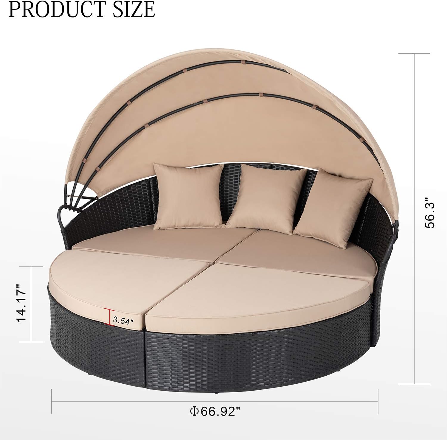JY QAQA Patio Furniture Outdoor Lawn Backyard Poolside Garden Round Daybed with Retractable Canopy Wicker Rattan Sectional Round Sofa, Seating Separates Cushioned Seats Beige…