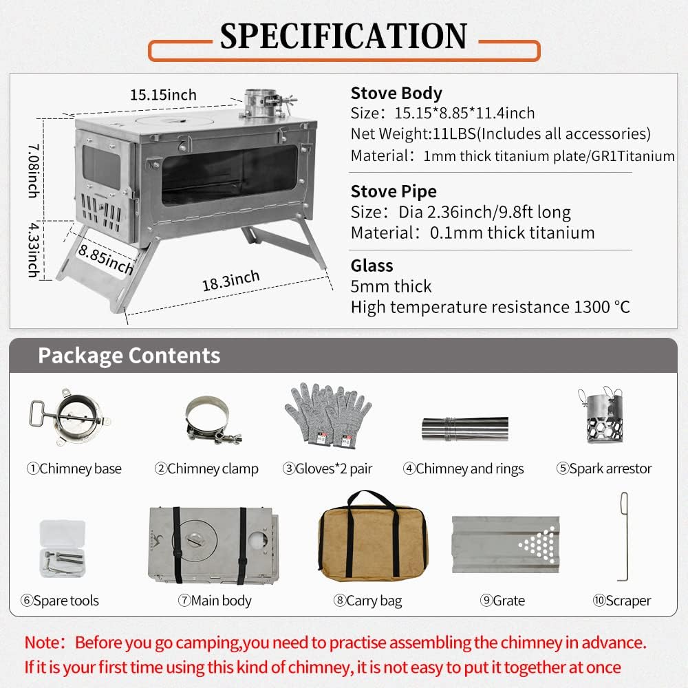 LIHONG Tent Stove 15inch Wood Burning Stove Folding Portable for Camping Hunting 9.84ft Pipes Included