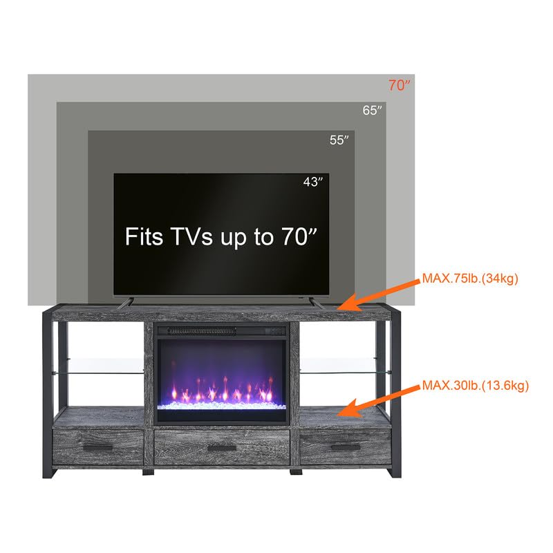Farmhouse TV Stand with Fireplace,Entertainment Center for TVs up to 65" TV,Media Console Television Stands w/Storage Cabinet & Adjustable Shelves,Coffee Table Credenza for Living Room,Grey
