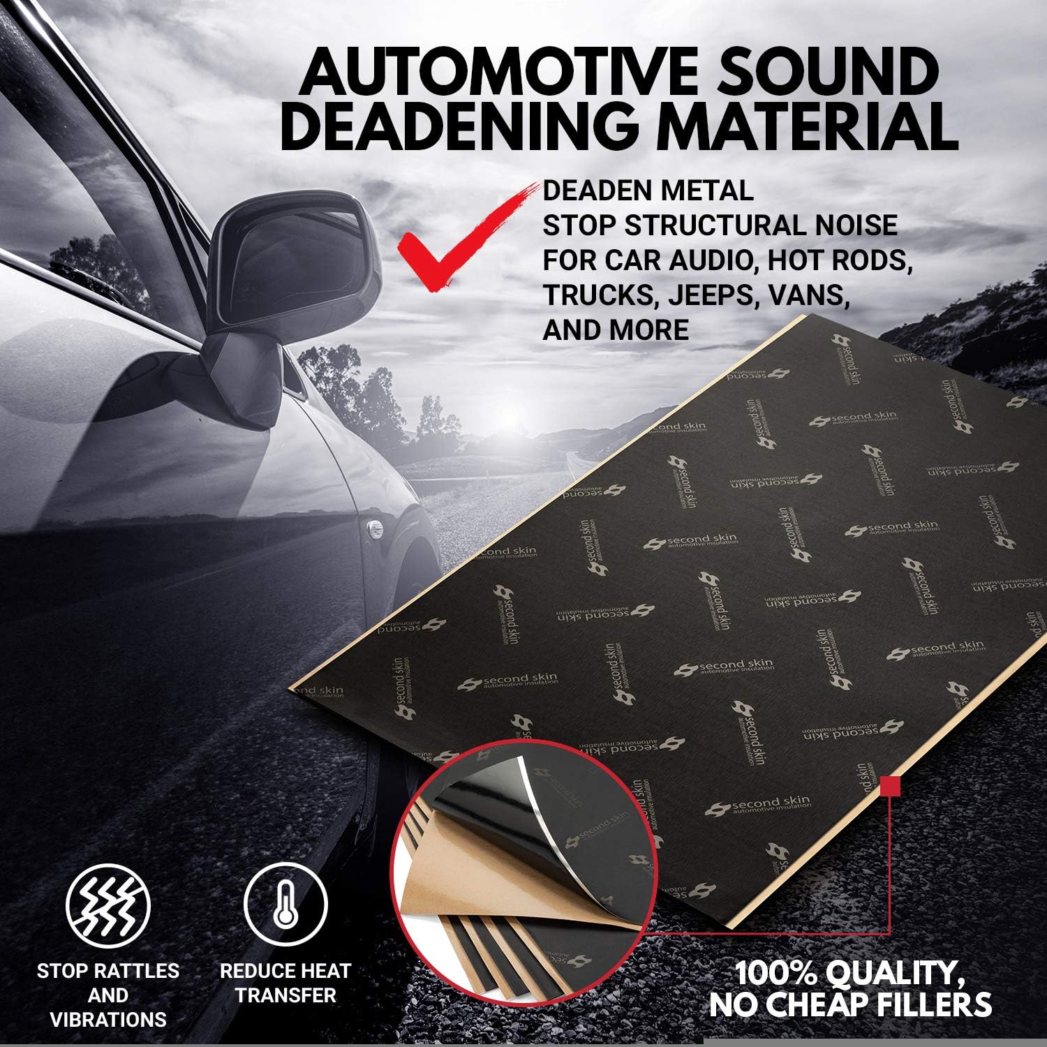 Second Skin Damplifier Premium Car Sound Deadening Material (1mm) &ndash; Butyl Rubber Auto Sound Deadener Mat (10 Sq Ft, 5 Sheets) &ndash; Made in The USA