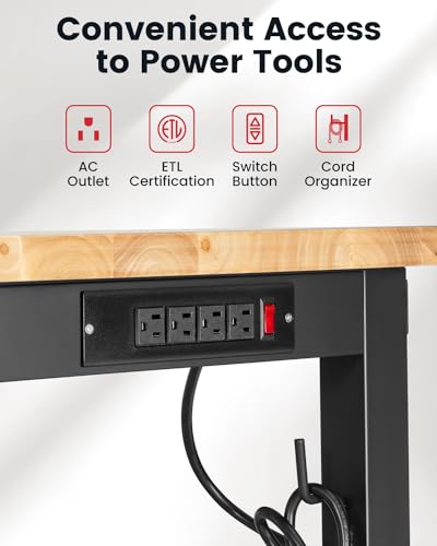 Workbench for Garage 48 Inch Work Bench Table Adjustable Height Rubberwood Tabletop Work Table with Power Outlets for Woodworking Shop Home Office Electronic Cutting Wood