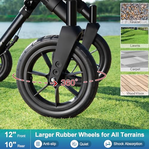 Rollator Walker with Seat, Tall Walkers for Seniors, 12" Big Rubber Wheels All Terrain Rollator Walker with Backrest, Built-in Cable, Foldable and Dual Adjustable Height for 5.3-7ft, Red