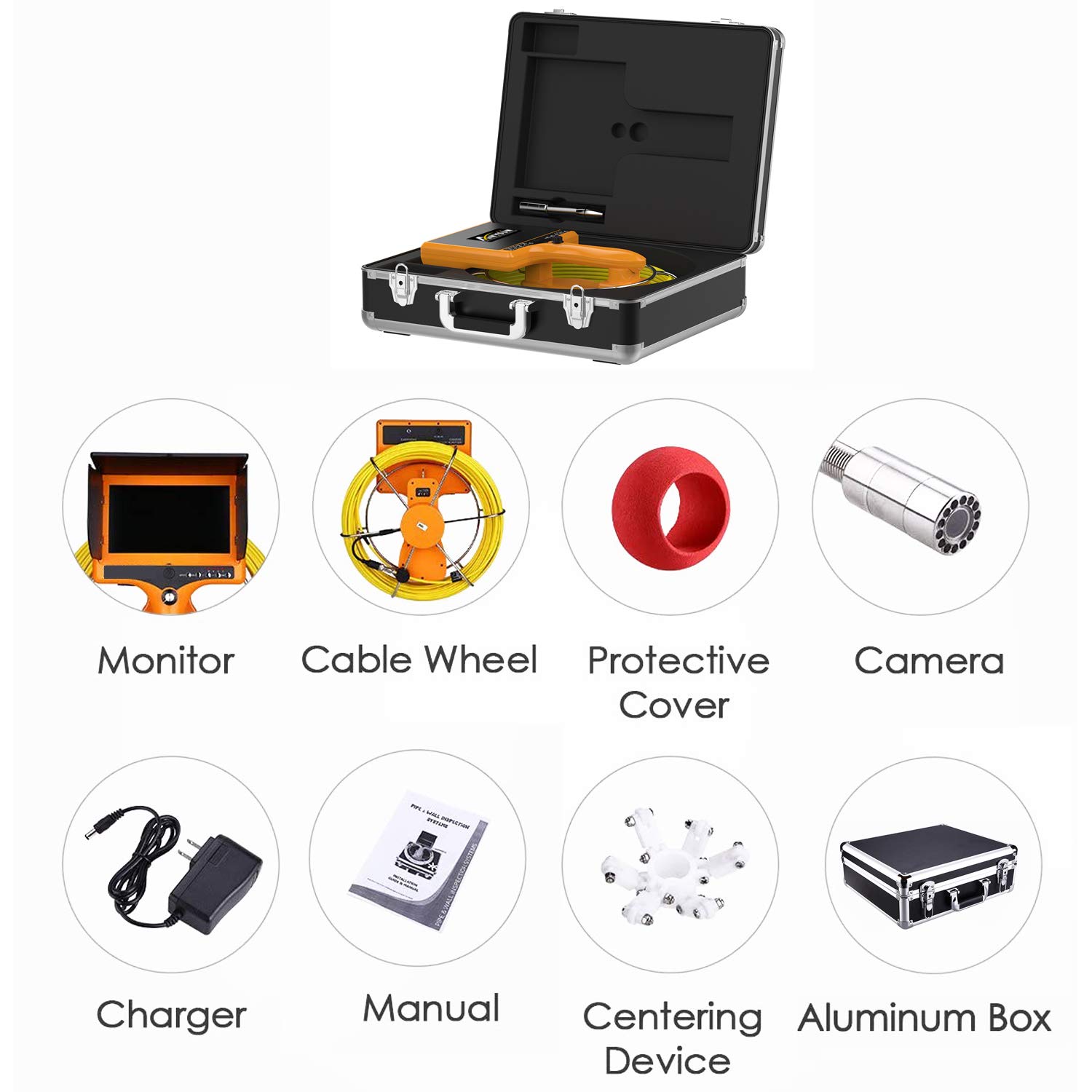 Sewer Camera with Distance Counter, Pipe Inspection Camera Video System IP68 Waterproof Plumbing Snake Drain Sewer Cam Drain Duct Pipe Camera 7TFT Monitor 20M/65ft