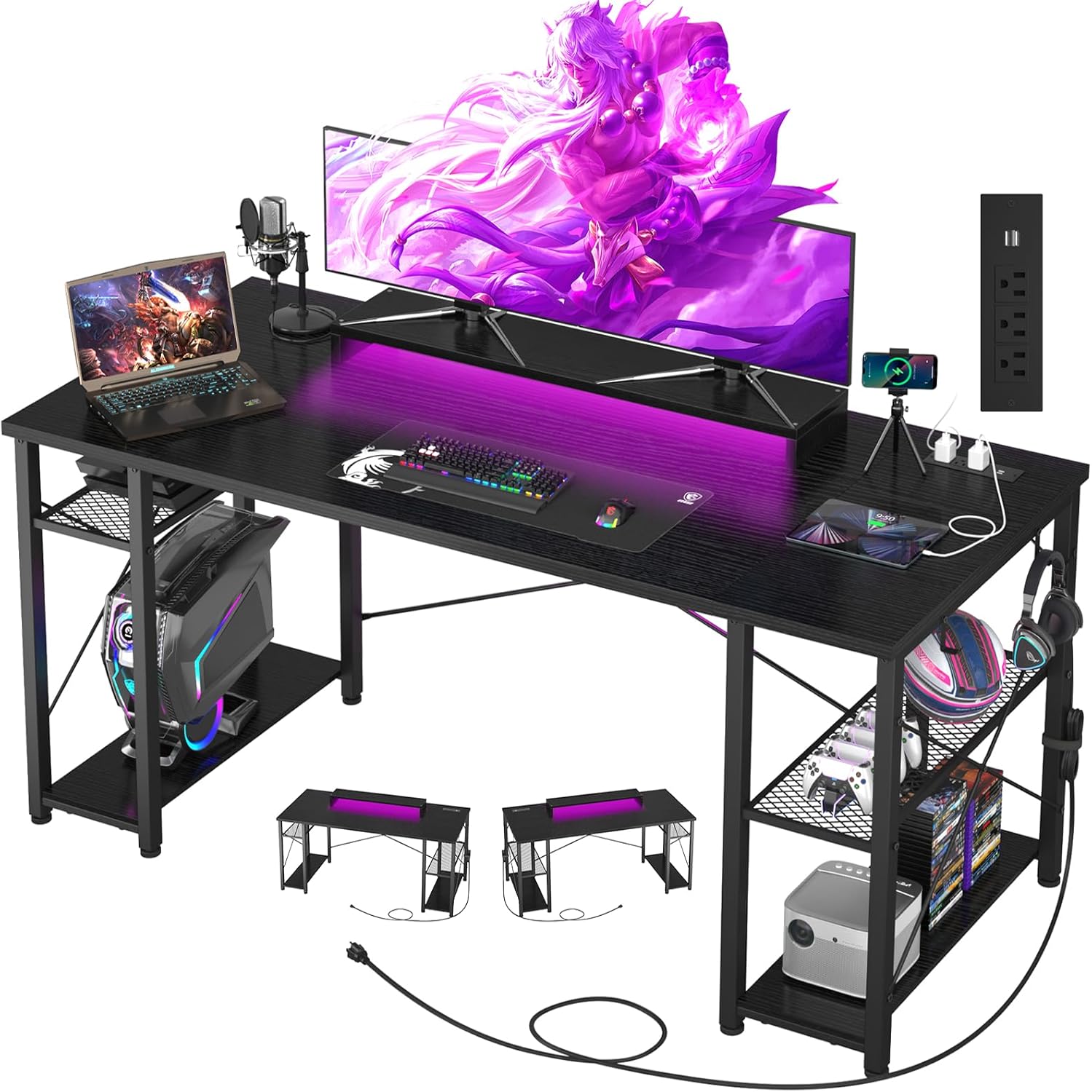 55 Inch Gaming Desk - Computer Desk with LED Lights & Power Outlet, Home Office Writing Desk with Storage Shelf and Monitor Stand, Black