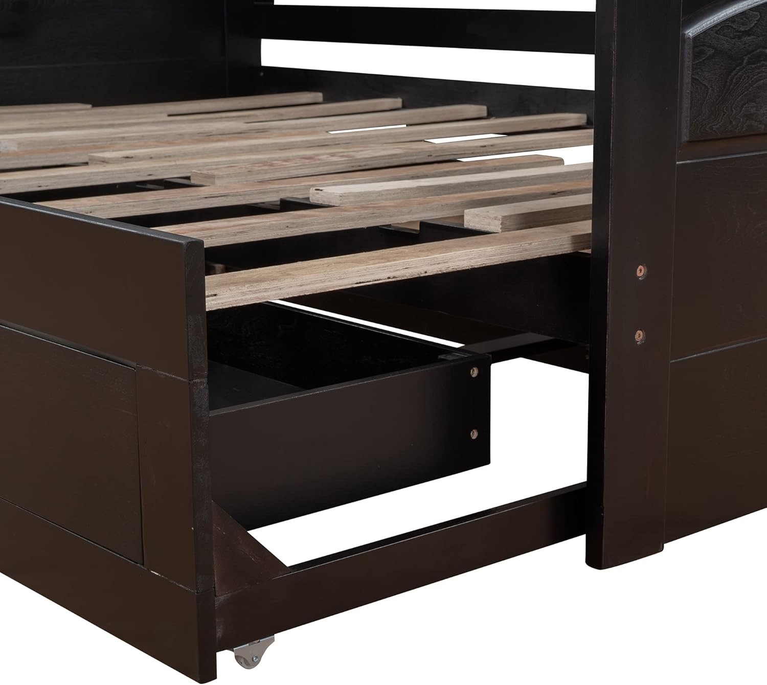 Wood Trundle, Extendable Daybed Twin to King with 2 Storage Drawers, Sofa Bed Frame for Small Space, Bedroom, Living, Guest Room, Espresso