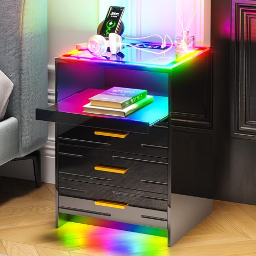 HNEBC RGB LED Nightstand with Wireless Charging Station, Smart Night Stand with 3 Drawers and Sliding Tray, Modern Bedside Table for Bedroom Furniture, High Gloss End Sofa Tables (B Black)