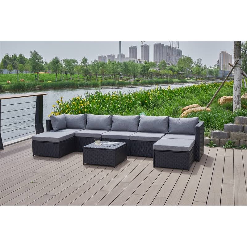 Kingway Furniture Beaufort Grey Wicker/Rattan Sectional with Storage Ottoman - W5008