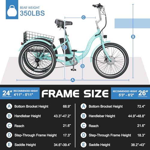MOONCOOL Electric Tricycle Trike for Adults 350W 36V Removable Battery 24/26 Inches 7 Speeds 3 Wheels Electric Bikes Bicycle for Adults, Three Wheel Electric Cruiser Tricycle