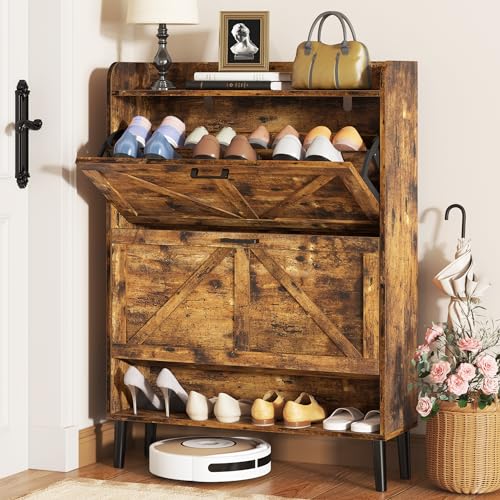 HOMEFORT Shoe Storage Cabinet for Entryway, Slim Shoe Organizer with Two Flip Drawers, Narrow Shoe Rack Cabinet with Wood Legs, Farmhouse Hidden Shoe Cabinet for Front Door Entrance,Rustic Brown