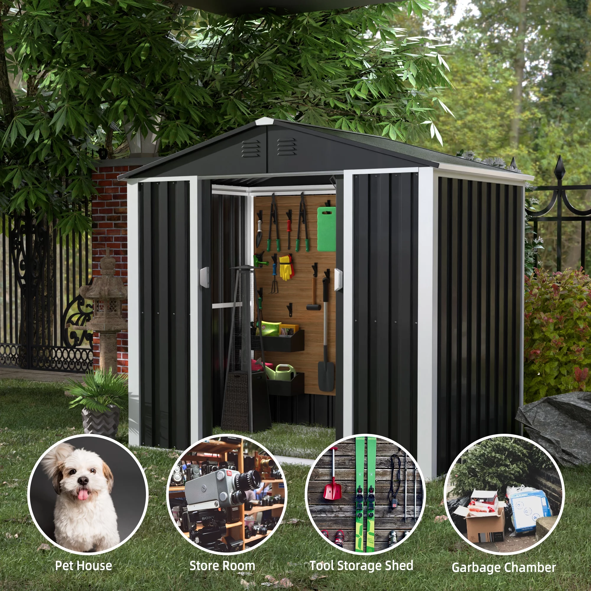 SUXXAN Metal Outdoor Storage Shed, Steel Utility Tool Shed Storage House with Sliding Door, Metal Sheds Outdoor Storage for Backyard Garden Patio Lawn (H6'xW6'x D4') Black