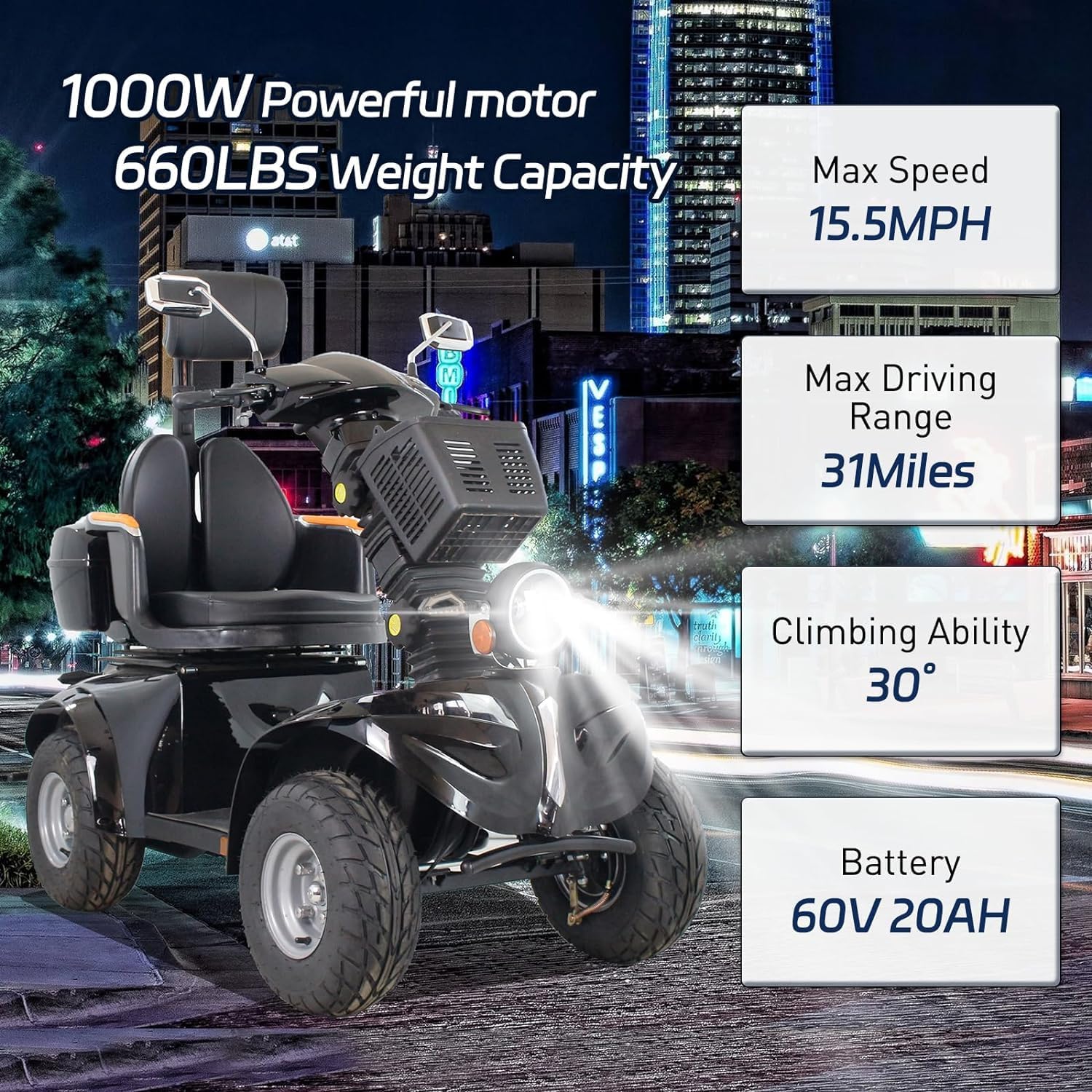 All Terrain Handicap Scooters High Powered Electric Scooter,Fat Tire Electric Mobility Scooter for Seniors & Adults,Heavy Duty 4 Wheel Mobility Scooter-360¡ãSwivel Seat 1000W 660Lbs Capacity