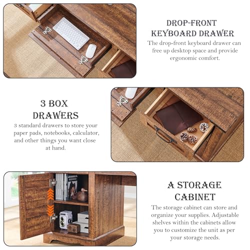 RedLemon 60" Farmhouse Executive Desk with Drawers, Wood Home Office Desk w/Charging Station, Keyboard Tray, File Drawer, Storage Cabinet, Rustic Computer Writing Desk (Natural Oak)