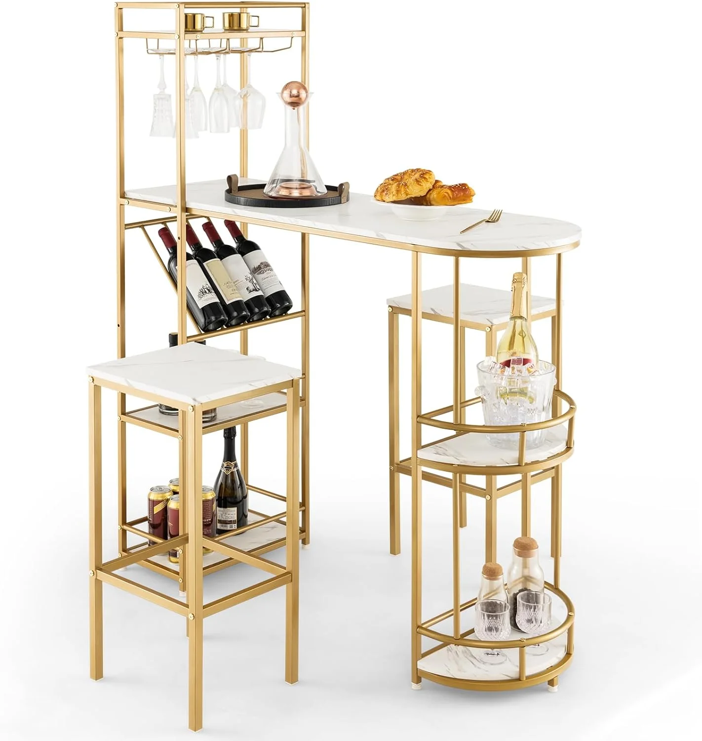 TJUNBOLIFE 3-Piece  Table Set - Dining Table &amp; Stools Set for 2  Kitchen Table Set w/Faux Marble  Tabletop &amp;  Shelves  Modern Counter Height Table w/ 2 Stools for Small Space - Curated Treasures Market