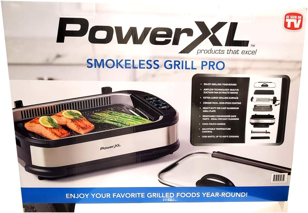 PowerXL Smokeless Grill Family Size- with Tempered Glass Lid with Interchangeable Grill and Griddle Plate and Turbo Speed Smoke Extractor Technology 22.1” X13.2” X 6.1