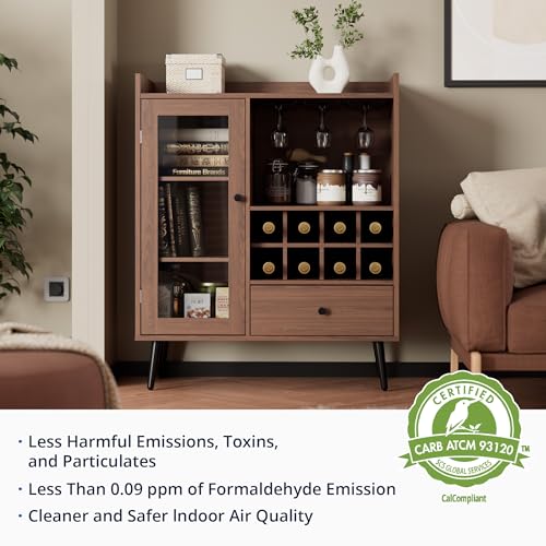Cozy Castle Coffee Bar Cabinet with Storage, Mid-Century Modern Buffet Sideboard with Acrylic Door, Small Wood Storage Cabinet with Adjustable Shelves, Cupboard for Kitchen, Dining Room, Brown