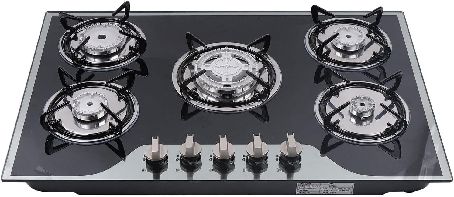 Gas Cooktop 23'' 30 Inch 35'', Built-in NG/LPG Convertible Gas Cooktops 4 Burners 5 Burner Gas hob, Gas Countertop Plug-in with Tempered Glass Gas Range Stainless Steel (30'')