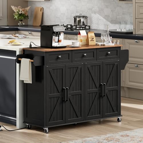 Kitchen Island with Drop Leaf, Kitchen Cart with Charging Station, Kitchen Table with Storage, Rolling Island Table with 3 Drawers, Towel Rack and Spice Rack, White and Walnut