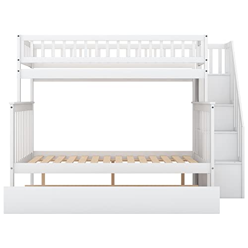 Twin Over Twin Size Bunk Bed with Trundle and Storage Stairs, Solid Wood Stairway Triple Bunk Beds Stairway and Full-Length Guard Rail for Kids Teens Adults Bedroom, Can Be Divided